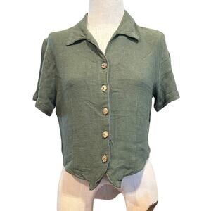 Vintage Green Cropped Button Down Shirt Womens Sz Medium Coastal Cowgirl Cottage